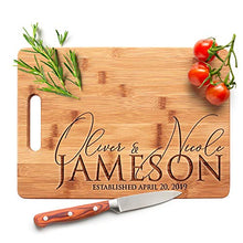 Load image into Gallery viewer, Personalized Cutting Board - 9 Designs |6" x 9"| Bamboo Cutting Board - Wedding Gifts for the Couple, Housewarming Gifts, Anniversary Gift, Grandma Gifts, Engraved Kitchen Sign & Decor - Handle
