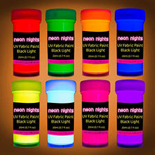 Load image into Gallery viewer, Fabric & Textile UV Paint Set | Set of 8 Neon Black Light Glow Paints | Fluorescent Clothing Colors | Glowing Fabric Paints