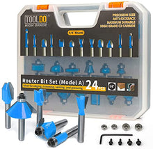 Load image into Gallery viewer, TOOLDO Router Bit Set 24 Pieces, 24A (24 pcs Model A), 1/4 inch Shank, Professional Router Bit Kit for DIY, Woodworking Project, High Grade with Bearing