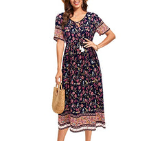 Load image into Gallery viewer, Arach&Cloz Women's Boho Tie Neck Printed Short Sleeve Floral Summer Loose Tassels Casual Midi Dress with Pockets (Floral03,XL)