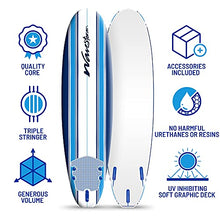 Load image into Gallery viewer, Wavestorm - Classic Soft Top Foam 7ft Surfboard Surfboard for Beginners and All Surfing Levels Complete Set Includes Leash and Multiple Fins Heat Laminated, Blue Pinline (AZ22-WSSF700-PIN)