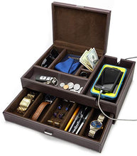 Load image into Gallery viewer, HOUNDSBAY Admiral Big Dresser Valet Box & Mens Jewelry Box Organizer with Large Smartphone Charging Station (Dark Brown)