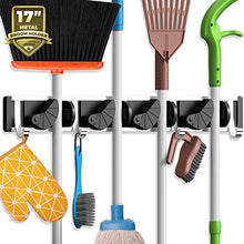 Load image into Gallery viewer, Holikme Mop Broom Holder Wall Mount Metal Pantry Organization and Storage Garden Kitchen Tool Organizer Wall Hanger for Home Goods (4 Positions with 4 Hooks, Black)