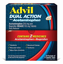 Load image into Gallery viewer, Advil Dual Action Coated Caplets with Acetaminophen, 250 Mg Ibuprofen and 500 Mg Acetaminophen Per Dose (2 Dose Equivalent) for 8 Hour Pain Relief - 2 Count x 50