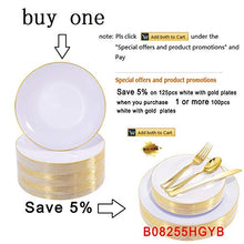 Load image into Gallery viewer, NERVURE 100Pieces White with Gold Rim Plastic Plates- 7.5inch Disposable Gold Salad/Dessert Plates-Ideal for Weddings& Parties