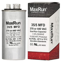 Load image into Gallery viewer, MAXRUN 35+5 MFD uf 370 or 440 Volt VAC Round Motor Dual Run Capacitor for AC Air Conditioner Condenser - 35/5 uf MFD 440V Straight Cool or Heat Pump - Will Run AC Motor and Fan - 5 Year Warranty