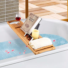 Load image into Gallery viewer, BOSSJOY Luxury Wood Bamboo Bathtub Bath Tub Caddy Tray with Extending Sides Built in Book Tablet Phone Wineglass Holder