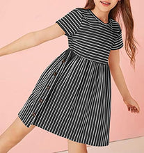 Load image into Gallery viewer, Vermisse Kids Girls Short Sleeve Dress Crewneck Stripe Buttons Casual Ruffle Summer Dresses