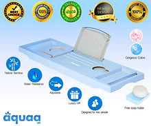 Load image into Gallery viewer, Aquaa Life Classy Blue Bathtub Tray, Expandable Bamboo Bathtub Caddy Tray, Wooden Bath Tray, Two Person Extendable Bath Tray with Wine Phone Book and Soap Holder, Luxury Bathtub Accessories Set