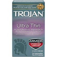 Load image into Gallery viewer, Trojan Condom Sensitivity Ultra Thin Spermicidal, 12 Count (Packaging May Vary)