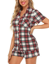 Load image into Gallery viewer, Anjue Women Plaid Pajamas Set Short Sleeve Sleepwear Womens Button Down Nightwear PJ Set with Pockets