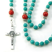 Load image into Gallery viewer, Silver Inches Catholic Prayer Beads Turquoise Coral Saint Benedict Catholic Rosary with Swarovski Beads Blessed with Anointing Oil (Not a Necklace)