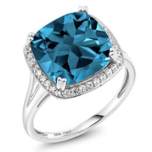 Load image into Gallery viewer, Gem Stone King 10K White Gold London Blue Topaz and White Created Sapphire Women's Ring (8.54 Cttw, Cushion 12MM, Gemstone Birthstone, Available In Size 5,6,7,8,9)