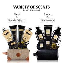 Load image into Gallery viewer, YARD HOUSE Bath and Body Spa Gifts Baskets Set for Men - Sandalwood & Amber – 7Pcs Men’s Spa Kit with Body wash, Bubble bath, Bath Salt, Body Lotion, Body Scrub, Loofah and Leather Toiletry Bag