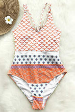 Load image into Gallery viewer, CUPSHE Women's One Piece Swimsuit Scoop Neck Double Straps Geo Print Swimwear Bathing Suits Orange, Size XS