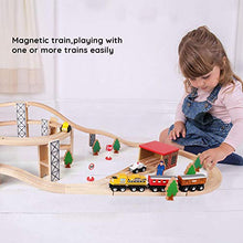 Load image into Gallery viewer, SainSmart Jr. Wooden Train Set Toy with Rail High Level Part, 50 PCS Flyover Overpass Wooden Train Playset with 5 Magnetic Train Cars for Toddlers