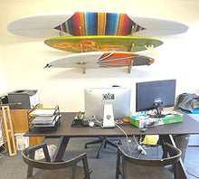 Load image into Gallery viewer, COR Surf Wooden Surfboard Wall Mount for Surf Boards, Snowboards, Skateboards, Kiteboards and Wakeboards, Triple Tier Surf Board Display Holder, Made of Sustainable Bamboo (24 x 4 x 4 Inches)