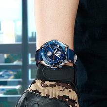 Load image into Gallery viewer, MEGIR Men Business Analogue Quartz Watch with Fashion Blue Leather Strap Chronograph Luminous Auto Calendar for Sport & Work 2074 Blue