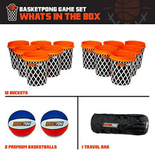 Load image into Gallery viewer, BasketPongβ’ Giant Yard Pong X Basket Ball Game with Durable Balls and Buckets - Outdoor Game for Lawn, Backyard and Beach - Set Includes 12 Buckets, 2 Basket Balls and a Carrying Bag
