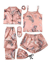 Load image into Gallery viewer, SheIn Women's 7pcs Pajama Set Cami Pjs with Shirt and Eye Mask Pink Crane Small