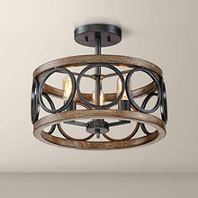 Load image into Gallery viewer, Salima Rustic Farmhouse Ceiling Light Semi Flush Mount Fixture LED Black Circle Wood Grain 16" Wide 3-Light Open Drum for Bedroom Kitchen Living Room Hallway Bathroom - Franklin Iron Works