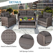Load image into Gallery viewer, Tangkula 4 PCS Patio Wicker Conversation Furniture Set, Outdoor Rattan Sofa Set with Padded Cushion & Tempered Glass Coffee Table, Wicker Sectional Sofas & Table for Courtyard Balcony Garden (1, Grey)