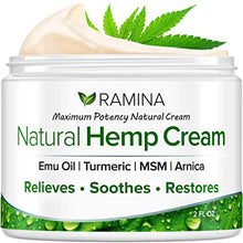 Load image into Gallery viewer, Ramina Natural Hemp Extract Pain Relief Cream - Made in USA - Potent Turmeric, MSM & Arnica - Relieves Inflammation, Muscle, Joint, Back, Knee, Nerves & Arthritis Pain - Non-GMO - 2 fl. oz