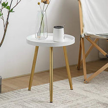 Load image into Gallery viewer, HuiDao Round Side Table Wooden Tray Table with Metal Tripod Stand Nightstand Coffee Table End Table for Living Room Bedroom Office Small Spaces, 18" H x 15”D (White & Gold)