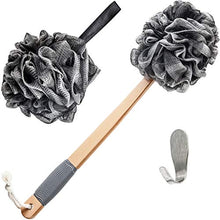 Load image into Gallery viewer, Toem Loofah Back Scrubber For Shower | Bamboo Charcoal Fiber Infused | Bath Sponge | Lufas For Men & Women | Includes 1 Long Handled Shower Sponge, 1 Bath & Shower Luffa Pouf & 1 Hook To Hang Stuff
