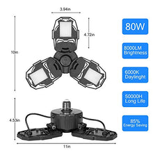 Load image into Gallery viewer, 80W LED Garage Lights, Deformable Garage Light with 3 Adjustable Wings, 8000LM, E26 LED Shop Light, Barn Light, High Bay Light, Ceiling Lighting Fixture for Warehouse (No Motion Detection)
