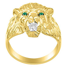 Load image into Gallery viewer, Amazing Conversation Starter Genuine Natural Diamond & Gorgeous Green Emerald Lion Head Ring in 14K Yellow Gold