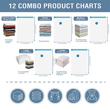 Load image into Gallery viewer, 12 Pack Vacuum Storage Bags, Space Saver Bags (2 Jumbo/2 Large/2 Medium/2 Small/4 Roll) Compression Storage Bags for Comforters and Blankets, Vacuum Sealer Bags for Clothes Storage, Hand Pump Included