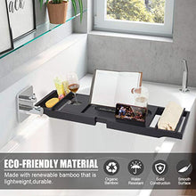 Load image into Gallery viewer, Bamboo Bathtub Caddy Tray Expandable for Luxury Bath,Bath Accessories & Table with Wine Glass Holder,Book Stand Bathroom Organizer with Extending Sides for Men/Women,Free Soap Holder (Black)