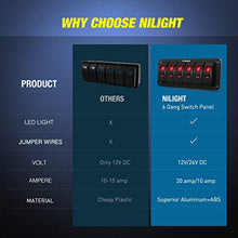 Load image into Gallery viewer, Nilight 6 Gang Rocker Switch Panel 5Pin On Off Toggle Switch Aluminum Holder 12V 24V Dash Pre-Wired Red Backlit Switches for Automotive Cars Marine Boats RVs Truck, 2 Years Warranty