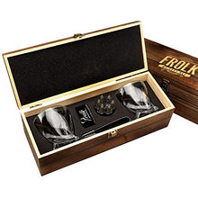 Load image into Gallery viewer, Whiskey Bullet Stones Premium Gift Set By Frolk, Set Of 6 Extra Large Stainless Steel Whiskey Stones, 2 Large Twisted Whiskey Glasses (11 oz), Freezer Base, Velvet Pouch & Tongs In Novelty Wooden Box