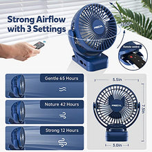 Load image into Gallery viewer, Clip on Fan 65 Hours Portable Desk Fan Rechargeable with LED Lights & Hooks 11800 Capacity Battery Operated Fan with Clips Small Desk Fan Mini Fans for Tents Travel Outdoor Camping Golf Cart Emergency