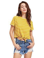 Load image into Gallery viewer, ROMWE Women's Knot Front Long Sleeve Striped Crop Top Tee T-shirt, Yellow & White, Small / US 0-2
