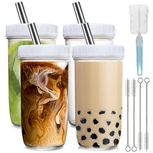 Load image into Gallery viewer, 4 Pack Glass Cups Set 24oz Mason Jar with Lid and Straw,4 Clean Brush, Reusable Bubble Tea Cup, Mason Jars Glass Cups,Iced Coffee Cup,Wide Mouth Smoothie cup, Boba Cup, Mason Jar Drinking Glasses