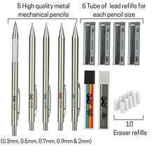 Load image into Gallery viewer, Mr. Pen- Metal Mechanical Pencil Set with Lead and Eraser Refills, 5 Sizes, 0.3, 0.5, 0.7, 0.9, 2mm, Drafting, Sketching, Architecture, Drawing Mechanical Pencils, Metal Mechanical Pencils