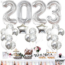 Load image into Gallery viewer, Huge, Silver 2023 Balloons Set - 40 Inch, 2023 Balloons Numbers, Confetti Balloons | Silver NYE Balloons, Happy New Year Decorations 2023 | New Years Eve Party Supplies 2023 for NYE Decorations 2023
