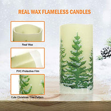 Load image into Gallery viewer, Rocinha Christmas Flameless Candles with Timer Battery Operated Flickering Candles Set of 3 Real Wax Christmas Pillar Candles with Christmas Tree Printing