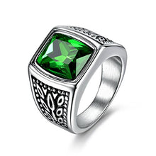 Load image into Gallery viewer, MASOP Titanium Steel Statement Ring Green Square Zircon Vintage Silver Tone Size 12