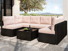 Load image into Gallery viewer, Allewie Patio Furniture Set 7 Pieces Outdoor Furniture with Seat Cushions and Tempered Glass Coffee Table, Wicker Patio Conversation Sets for Backyard, Porch, Balcony, Poolside, Khaki & Black