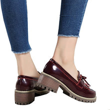 Load image into Gallery viewer, DADAWEN Women's Classic Tassel Slip-On Platform Mid-Heel Square Toe Oxfords Dress Shoes Wine Red US Size 5