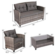 Load image into Gallery viewer, Tangkula 4 PCS Patio Wicker Conversation Furniture Set, Outdoor Rattan Sofa Set with Padded Cushion & Tempered Glass Coffee Table, Wicker Sectional Sofas & Table for Courtyard Balcony Garden (1, Grey)