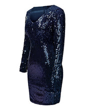Load image into Gallery viewer, Mixfeer Women Sexy Bodycon Dress V Neck Long Sleeve Sequin Cocktail Party Club Evening Mini Dress Blue