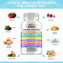 Load image into Gallery viewer, Immune Support with Quercetin Zinc 50mg Vitamin C 1000mg Vitamin D 5000 IU and Elderberry Turmeric Ginger for Adults Kids - 8 in 1 Vit D3 Immunity Defense Booster Supplement Vegan Friendly Made in USA