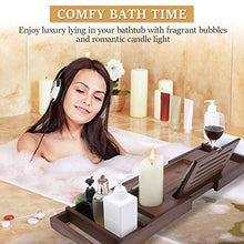 Load image into Gallery viewer, Bathtub Caddy Tray Bamboo Bathroom Organizer Expandable for Luxury Bath with Book Tablet Stand Wine Glass Candle Phone Holder Soap Dish Non-Slip Extending Sides Expands Up to 43 inch
