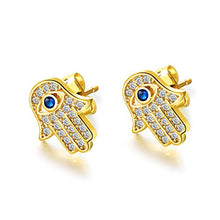 Load image into Gallery viewer, Yellow Gold/White Gold Plated Evil Eye and Hamsa Hand of Fatima White Blue Cubic zircon crystal Stud Earrings For Women Teen Girls (Yellow Gold)