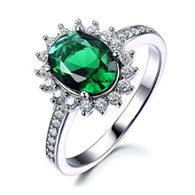 Load image into Gallery viewer, Lab Created Emerald Engagement Ring Green Gemstone Solid 14k White Gold CZ Diamond Halo Flower Vintage